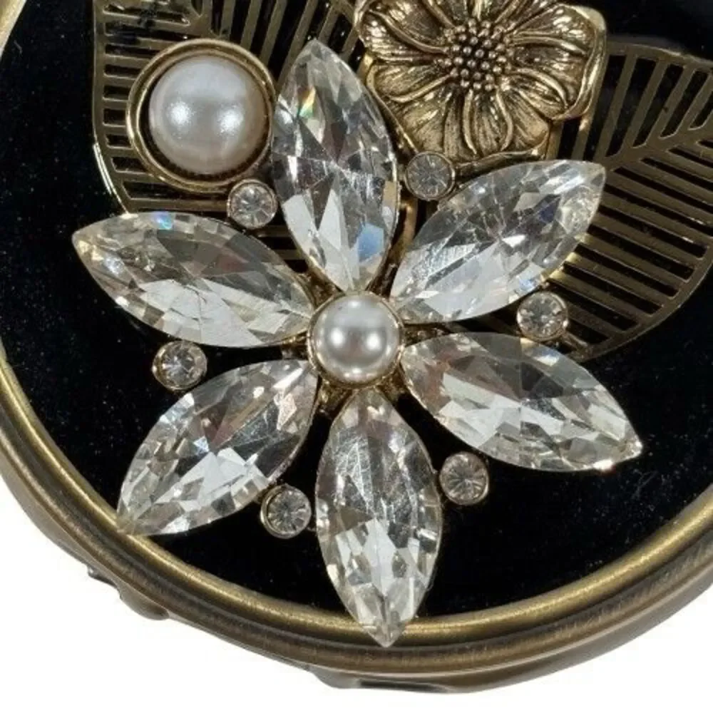 Pill Box Trinket Floral Design Blk Brass w/Crystal Embellishments 3 Compartments